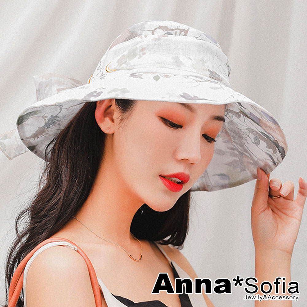 AnnaSofia 清透花嵐綁帶 防曬遮陽寬簷漁夫淑女帽(卡其系)