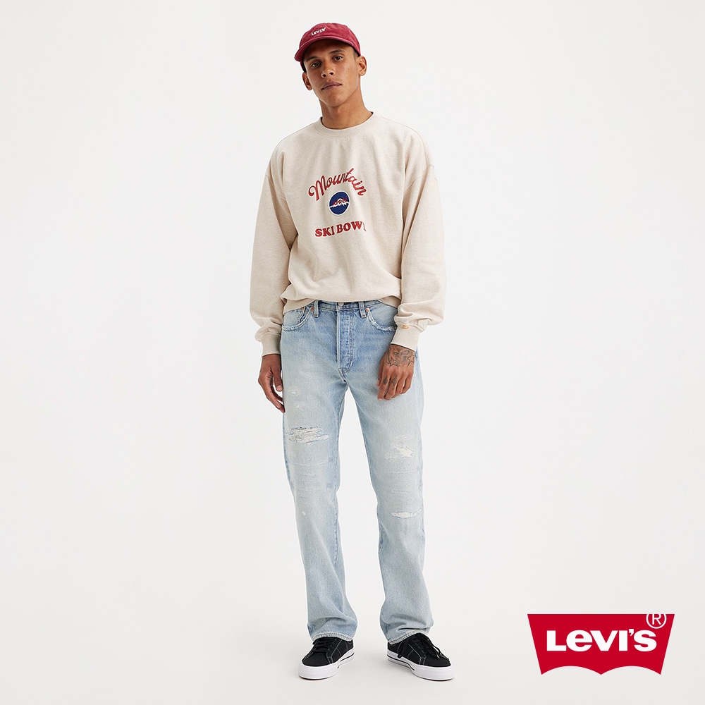 Levis 男款 經典501直筒牛仔褲 / 淺藍水洗X多重磨損刷破工藝