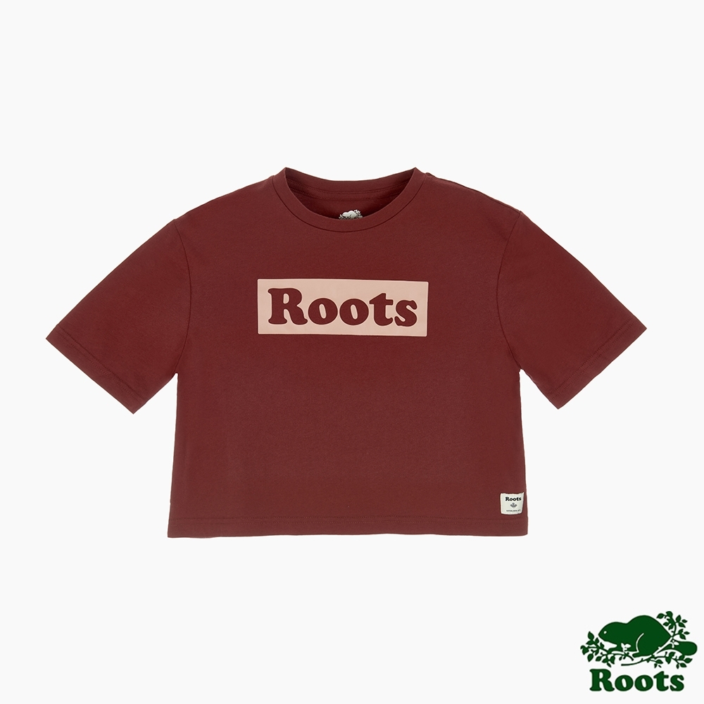 Roots女裝-曠野探索系列 Roots文字寬短版短袖T恤-棕色