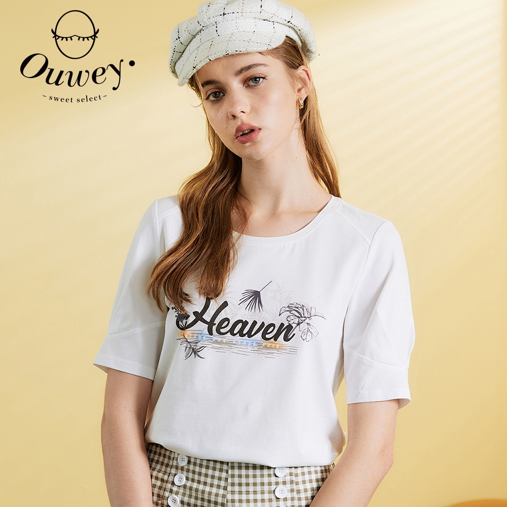 OUWEY歐薇 繽紛渡假字母打摺設計棉質上衣(白色；S-L)3222081217