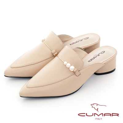 【CUMAR】簡約尖頭珍珠飾釦半包粗跟穆勒鞋-粉紅