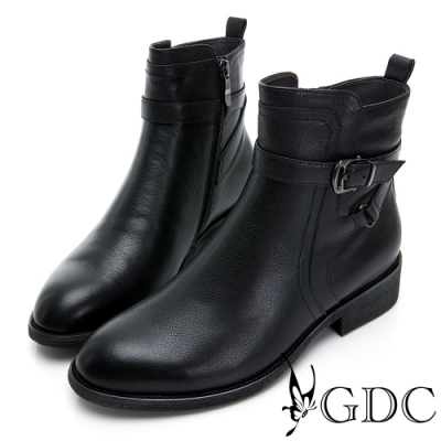 GDC-香榭巴黎真皮質感金釦粗跟短靴-黑色