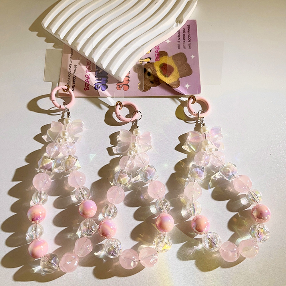 【JC Collection】甜美少女粉色水晶珠珠蝴蝶結附墊片手機掛飾手機鏈條(粉色)