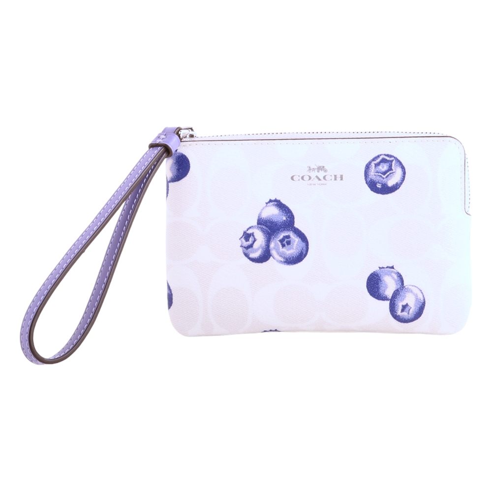 COACH 烙印銀馬車小藍莓圖案 L型 雙拉鍊手拿包(白)