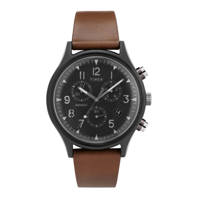 TIMEX 定律吸引三眼計時皮帶腕錶-黑X咖啡-TW2T29600-42mm
