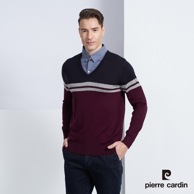 Pierre Cardin皮爾卡登 男款 羊毛混紡橫條襯衫領假兩件針織毛衣-酒紅色(5225474-28)