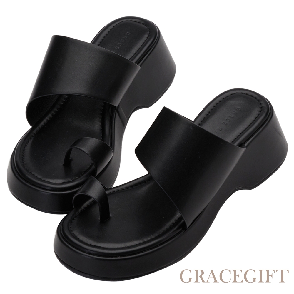 【Grace Gift】套趾不規則厚底拖鞋 黑