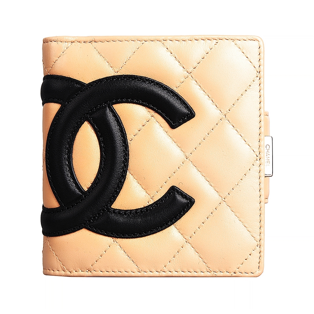 CHANEL 康朋系列雙C LOGO羊皮6卡扣式短夾(展示品/米x黑)