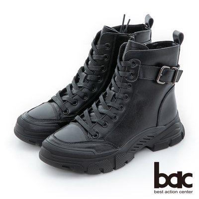 【bac】皮革高筒綁帶休閒短靴-黑色