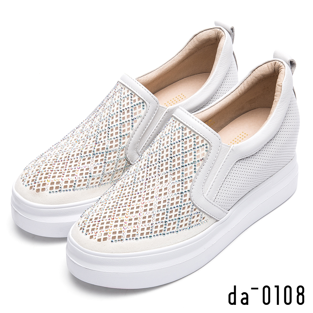 da0108菱形鏤空水鑽真皮厚底輕量休閒鞋-獨特美學-白