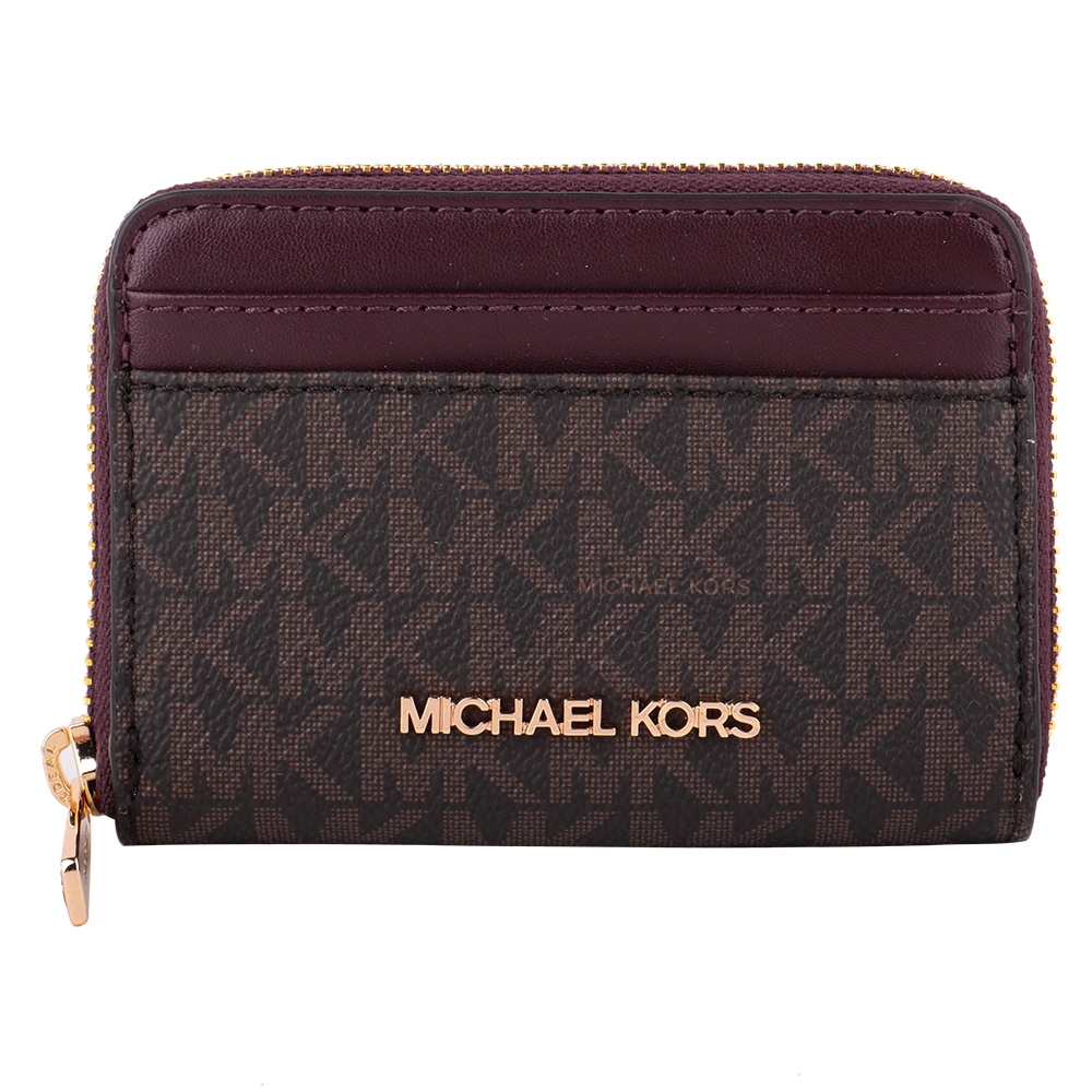 MICHAEL KORS 金字防刮皮革卡片夾包 (深咖X酒紅)