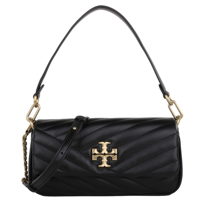 TORY BURCH Kira 金 TB logo 縫衍紋皮革手提兩用包(黑)小款