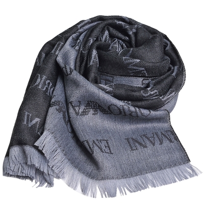 EMPORIO ARMANI 義大利製品牌LOGO圖騰混羊毛造型圍巾(黑/灰系)