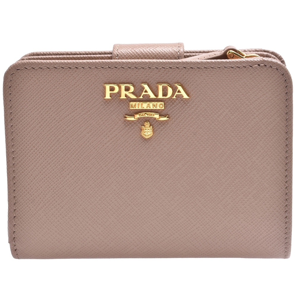 PRADA SAFFIANO METAL經典金色金屬浮雕LOGO防刮牛皮短夾/零錢包(裸色