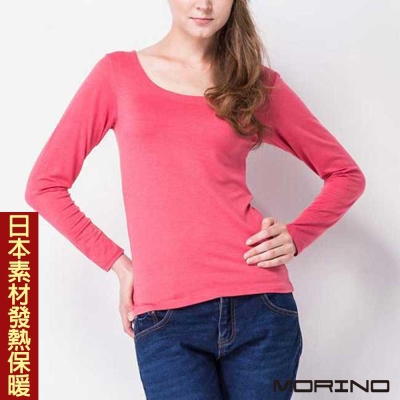 (女)日本素材發熱衣 速暖 長袖U領衫 長袖T恤 粉紅色 MORINO摩力諾 衛生衣