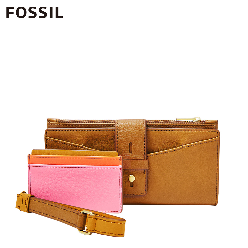 FOSSIL Willa 扣帶造型含零錢匣手拿長夾-棕色 SL6335231