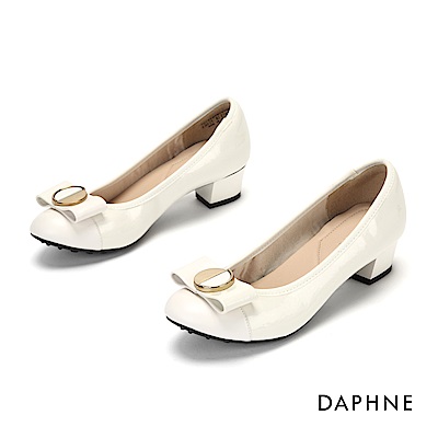 達芙妮DAPHNE 低跟鞋-優雅蝴蝶結漆皮粗跟鞋-米白