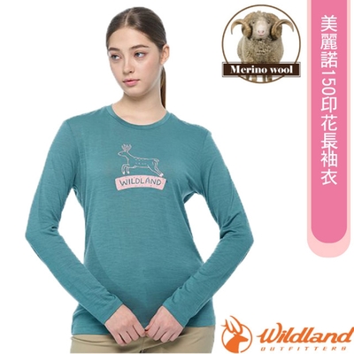 荒野WildLand 女 100%美麗諾150印花長袖衣.抗菌抗臭.四面彈性_莫蘭迪藍