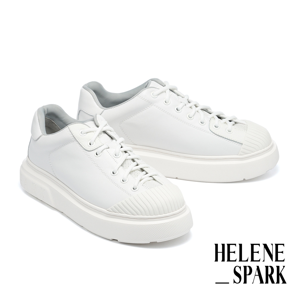 休閒鞋 HELENE_SPARK 率性復古純色異材質LOGO厚底休閒鞋－白