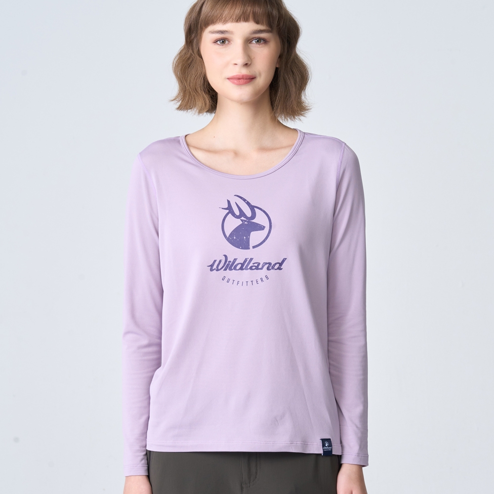 Wildland荒野女輕能量纖維大圓領印花保暖衣芋紫色