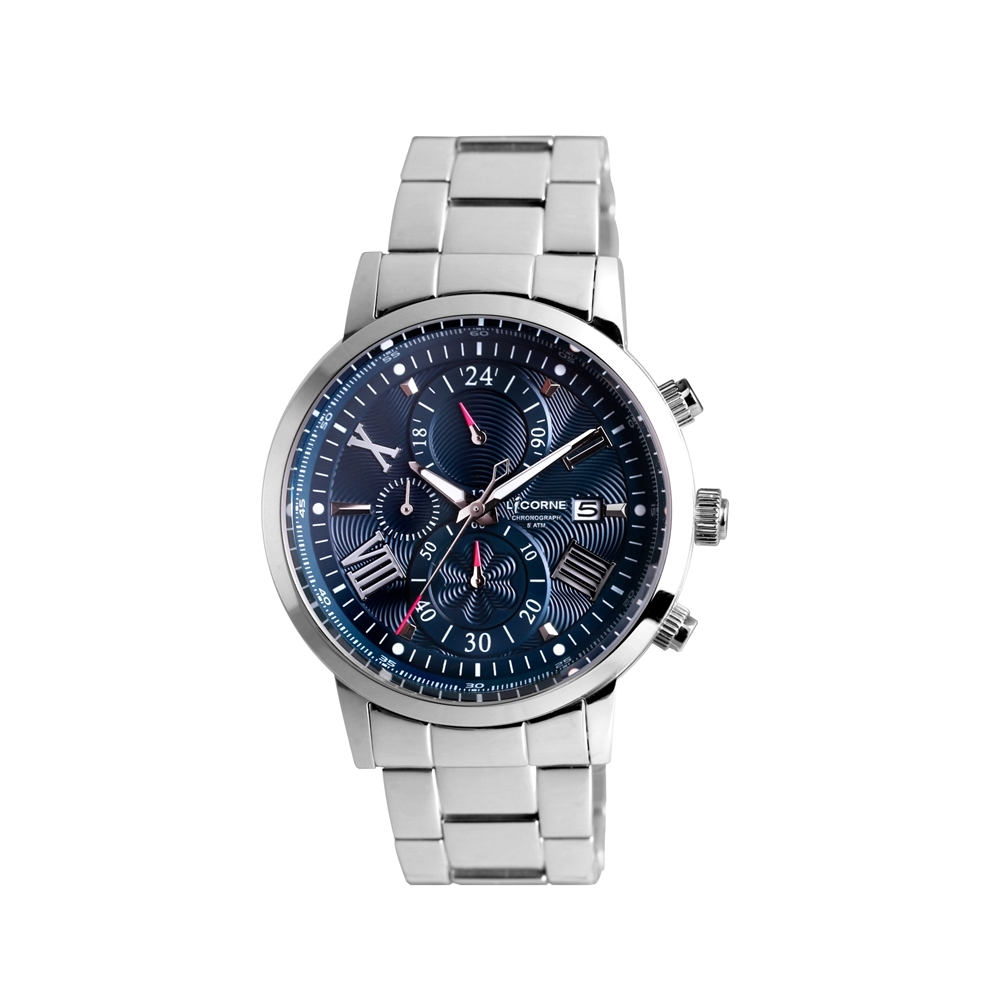 LICORNE 力抗錶 波紋面設計 不鏽鋼三眼男仕手錶 (銀X藍LT159MWNI)