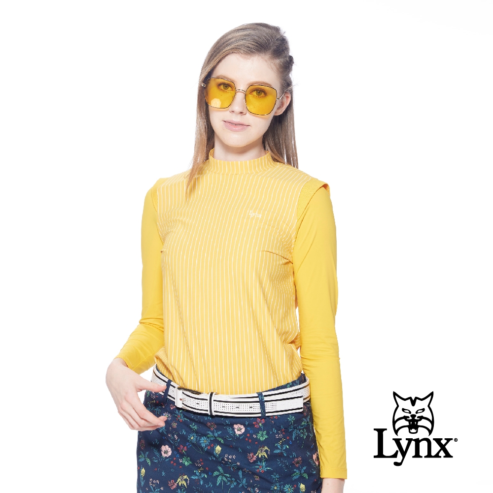 【Lynx Golf】korea女款假兩件式經典直條紋路長袖POLO衫/高爾夫球衫-黃色