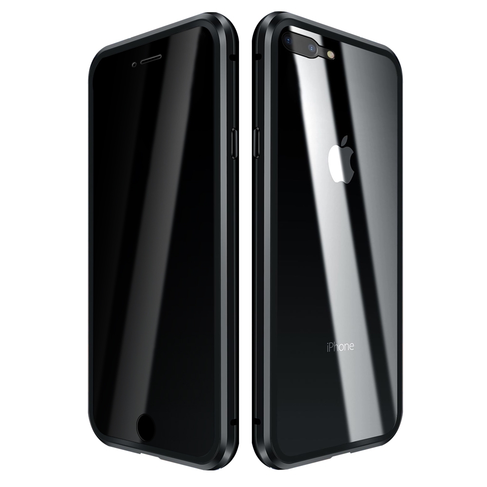 iPhone7Plus iPhone8Plus 保護殼 金屬 防窺 全包 磁吸雙面玻璃殼 手機殼 黑色 (iPhone7Plus手機殼 iPhone 8 Plus手機殼)