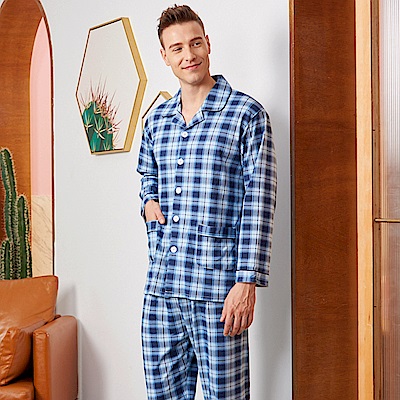 睡衣 時尚英倫格紋 針織棉男性長袖兩件式睡衣(R78221-10深藍) 蕾妮塔塔