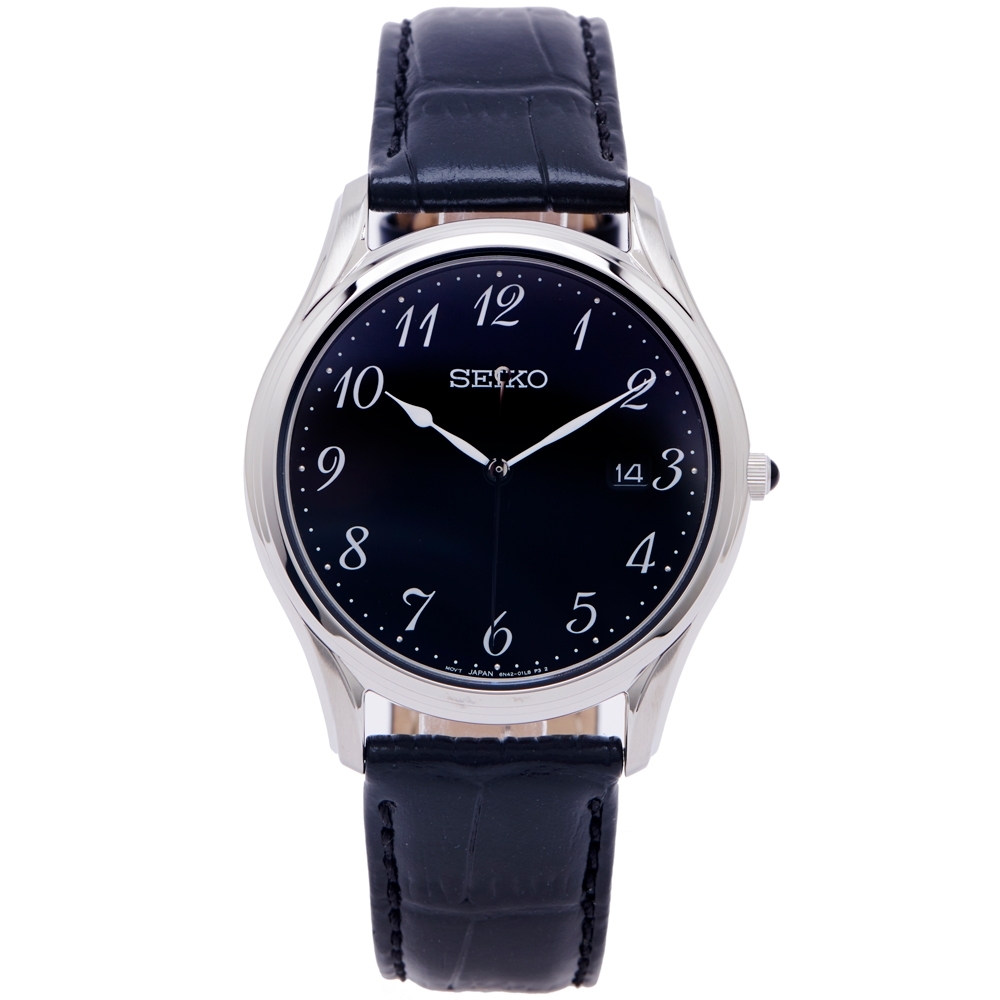 SEIKO 藍寶石水晶玻璃鏡面皮革錶帶款手錶 (SUR305P1)-黑面X黑色/38mm