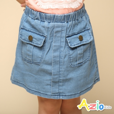 Azio Kids美國派 女童 短裙 造型雙口袋牛仔A字短裙內附安全褲(藍)