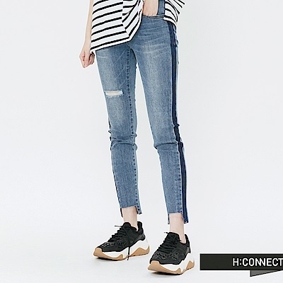 H:CONNECT 韓國品牌 女裝-隨性缺口滾邊牛仔褲-藍