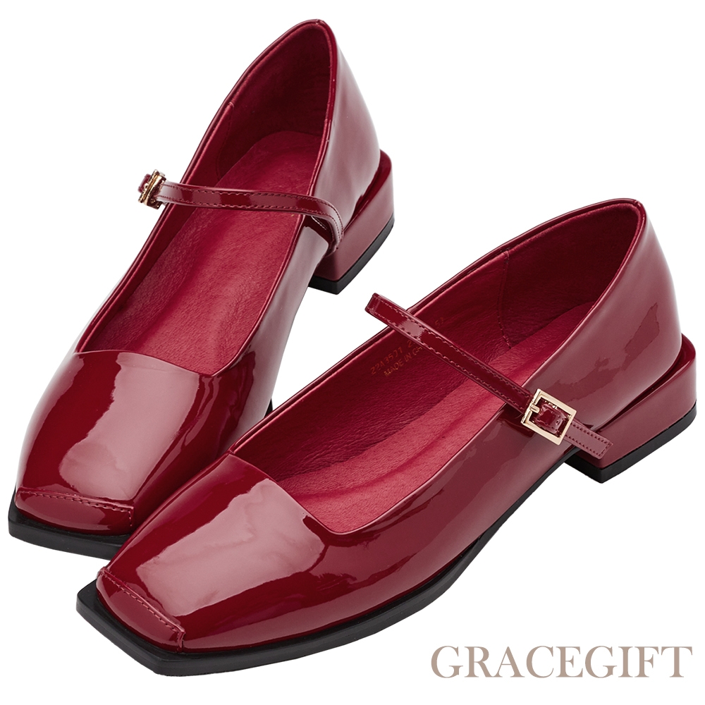 【Grace Gift】Alice聯名-優雅芭蕾低跟瑪莉珍鞋 紅漆