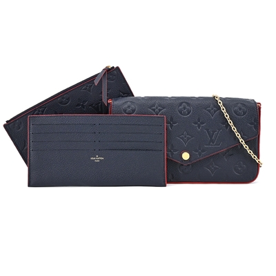 Louis Vuitton Pochette Felicie系列經典LOGO牛皮壓紋鏈帶斜背包(附卡夾/海軍藍)M64099