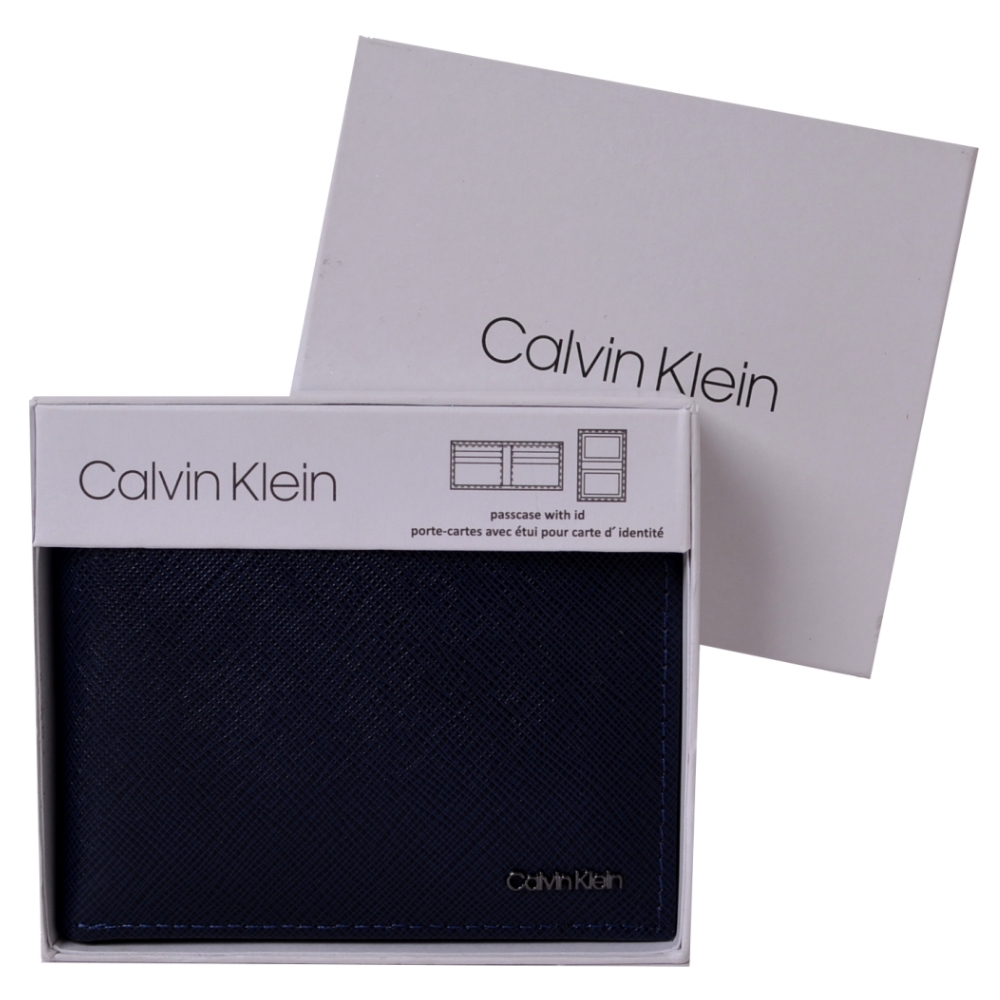 Calvin Klein CK銀字LOGO經典防刮皮革多卡雙摺短夾-深藍