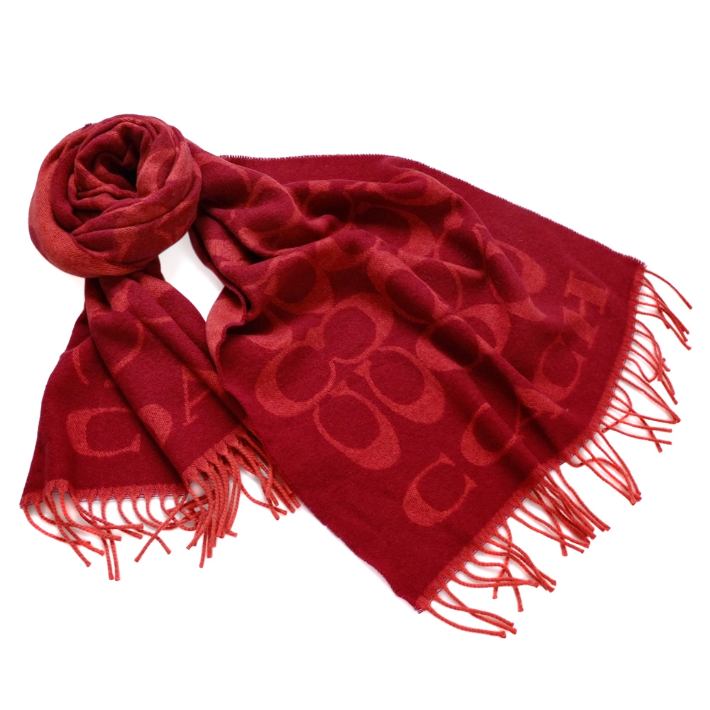 COACH暗紅色C Logo寬版羊毛圍巾(195x53CM)
