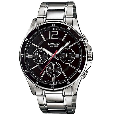 CASIO 低調奢華三針三眼風格不鏽鋼錶(MTP-1374D-1A)黑/44mm