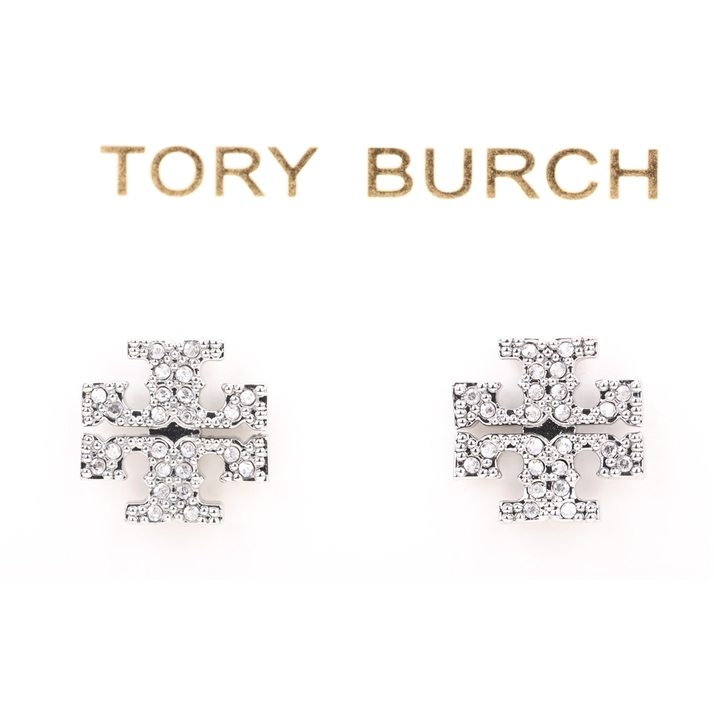 TORY BURCH Crystal 雙T標誌水晶鑽飾蝶型釦耳環(銀色)