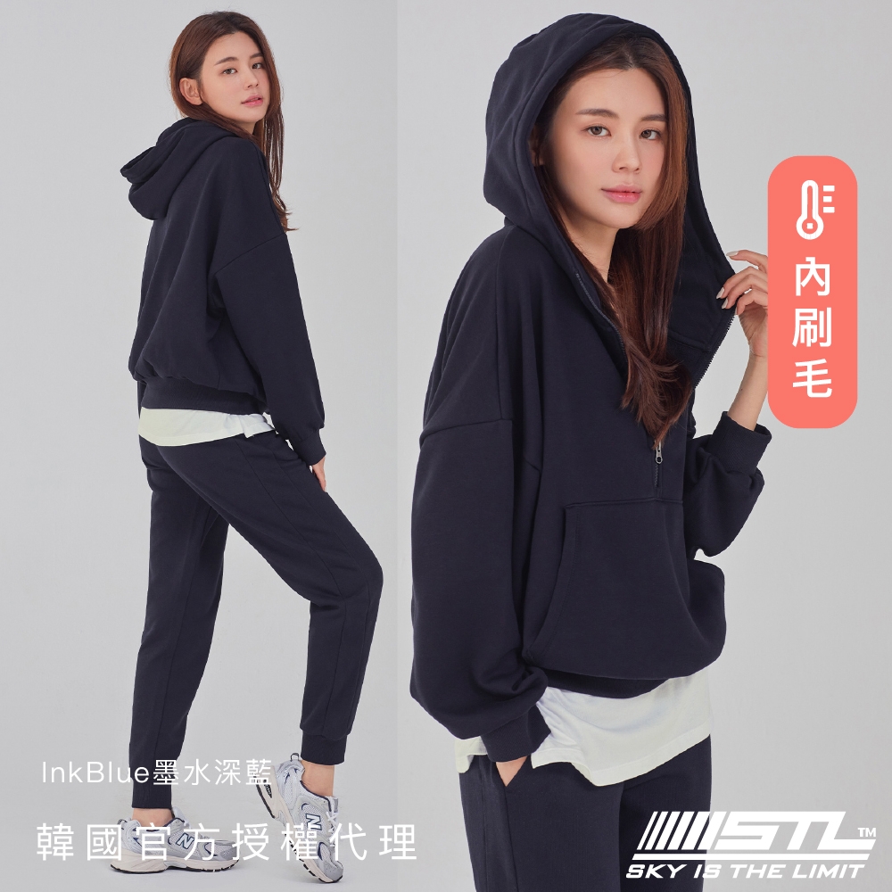 STL yoga 韓國 NY Overfit Half Zip 衝鋒衣 大連帽T 半拉鍊 保暖 刷毛 運動休閒 男友落肩 長袖上衣 ／InkBlue英國深藍