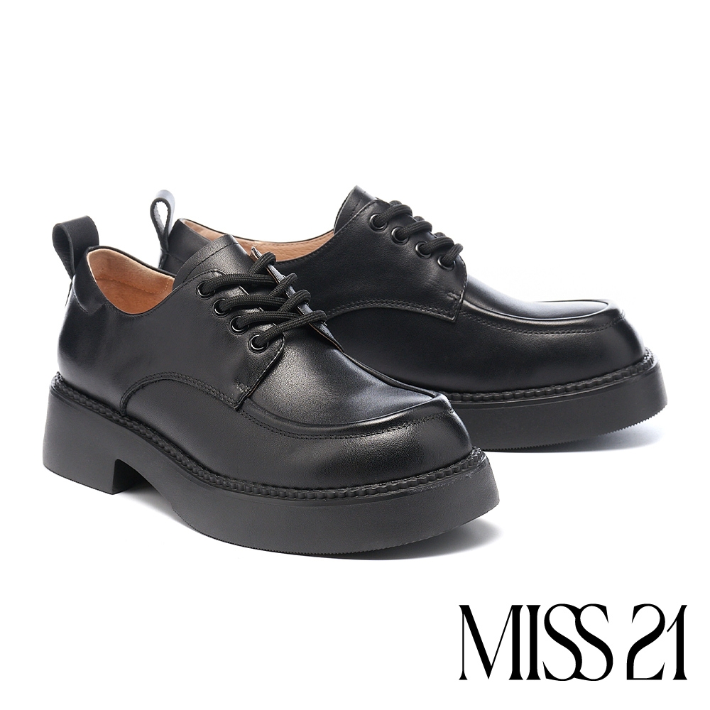 厚底鞋 MISS 21 極簡個性純色綁帶全真皮大頭厚底鞋－黑