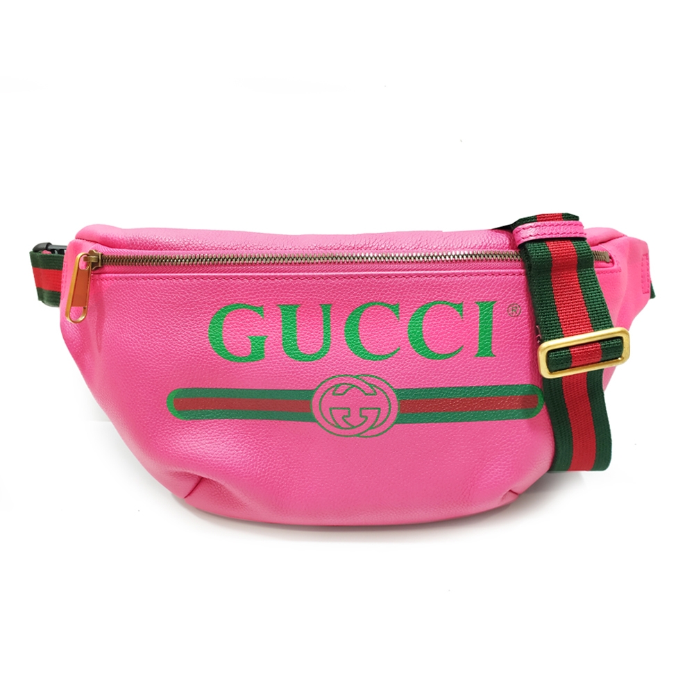 【GUCCI 古馳】530412 經典GUCCI PRINT系列復古綠紅綠織帶牛皮腰包/斜背兩用包(桃紅色)