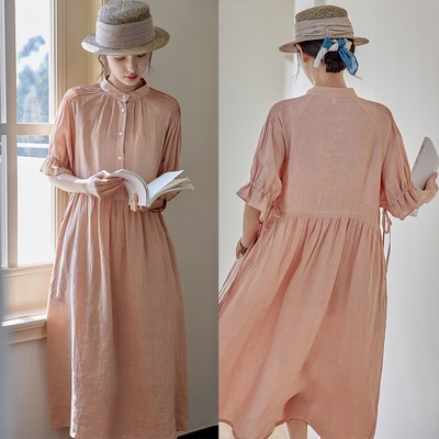 36支法國細皺純亞麻洋裝中長裙-設計所在-獨家高端限量系列