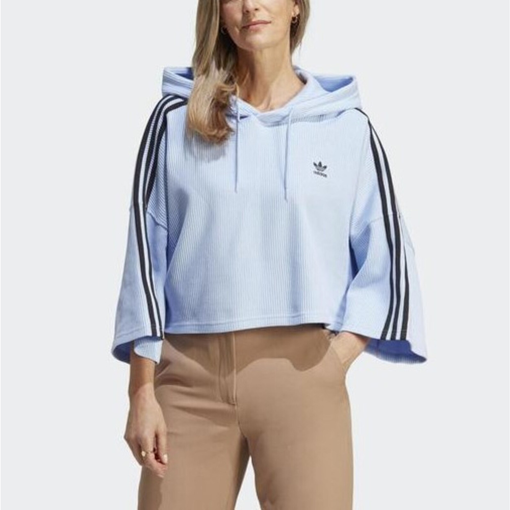 Adidas Cropped Hoodie [IC5460] 女 短版連帽上衣 運動 休閒 華夫格 針織 亞洲版 水藍