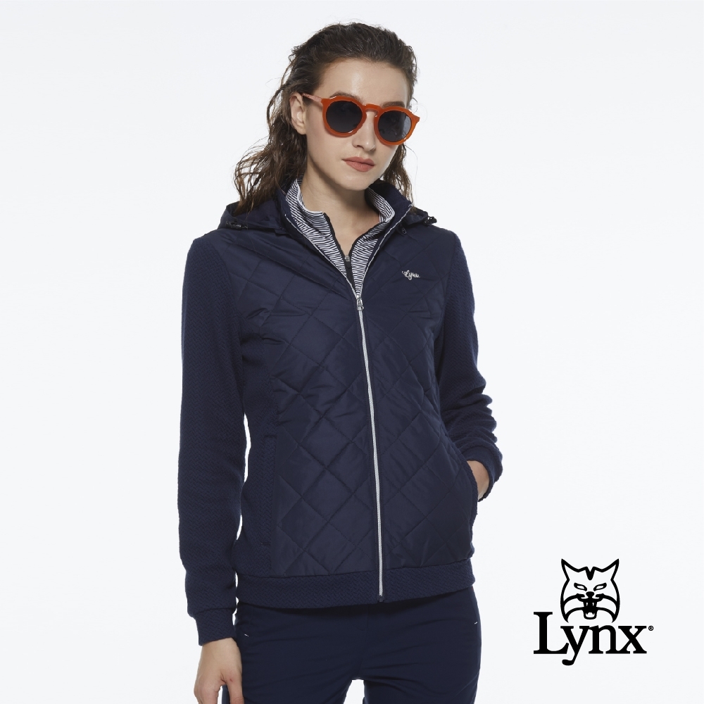 【Lynx Golf】女款防水鋪棉菱格紋羅馬布拼接可拆式連帽長袖外套-深藍色