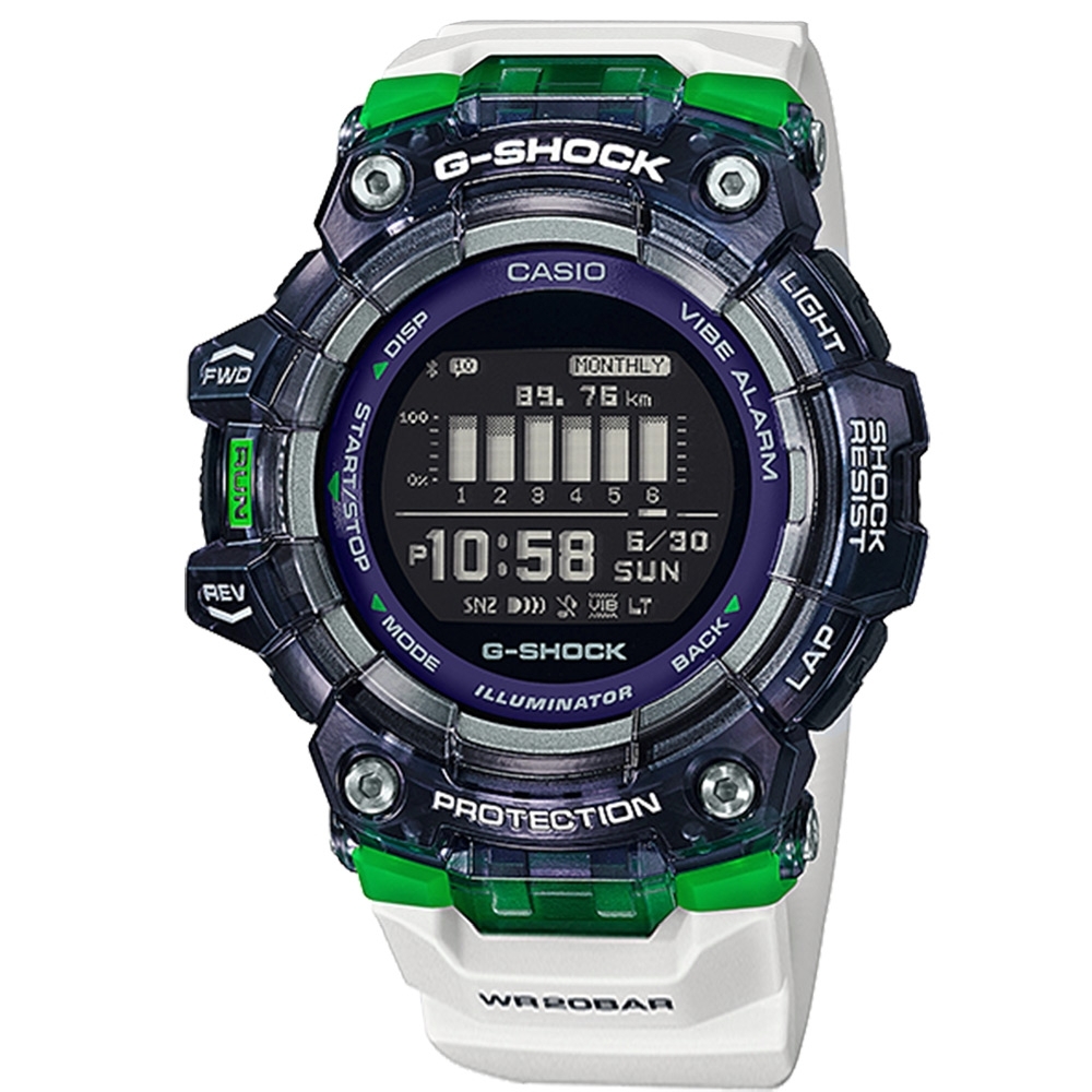 G-SHOCK CASIO 卡西歐 多功能運動 藍牙 半透明 電子液晶 手錶-白綠色/48mm