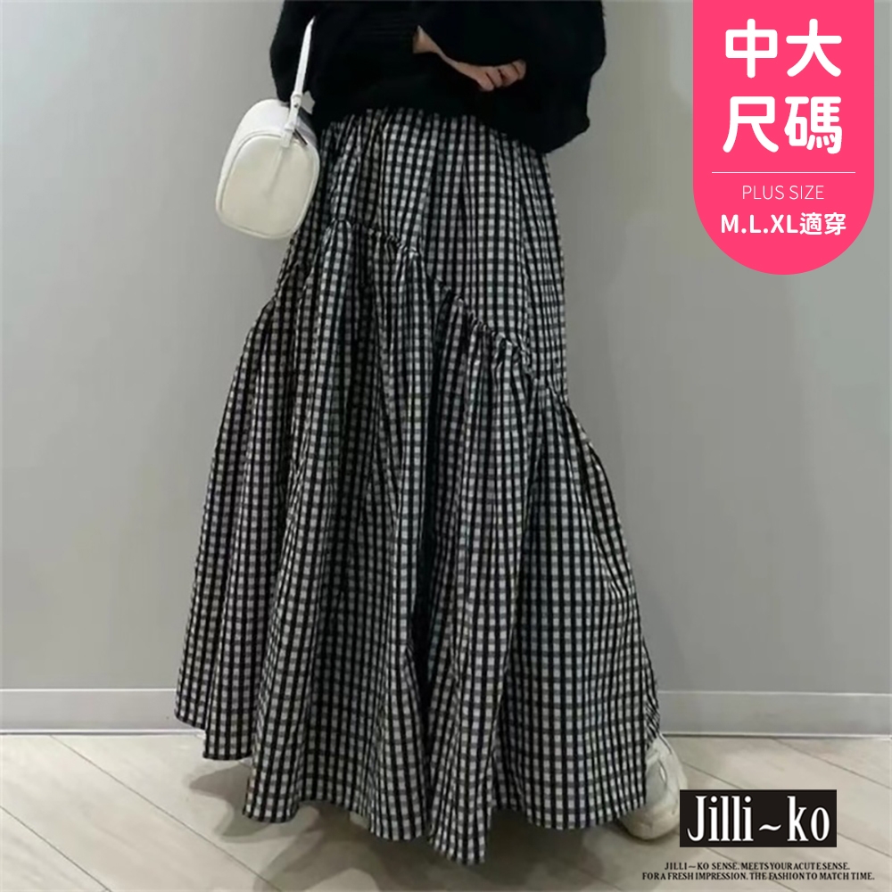 JILLI-KO 日系高腰百搭復古波浪抽褶魚尾裙格紋長裙中大碼- 黑色