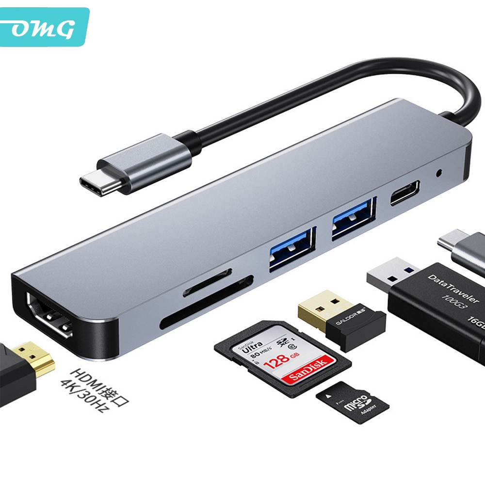 OMG TYPE-C轉HDMI 多功能六合一HUB拓展塢 4K高清 筆記本多功能分線器 USB轉換器
