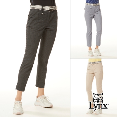 【Lynx Golf】女款彈性舒適造型百搭時尚黑灰條紋小口袋設計九分窄管長褲-三色
