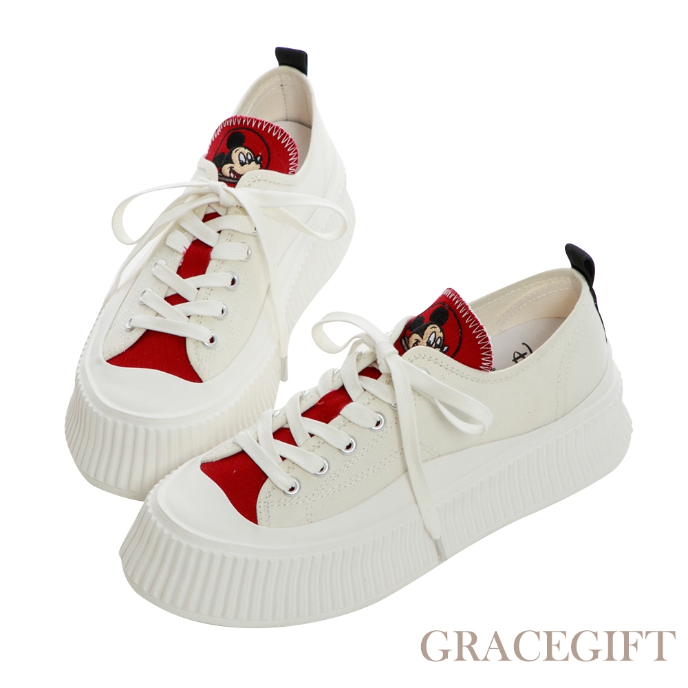 【Grace Gift】迪士尼米奇款經典電繡鞋舌厚底餅乾鞋 白X紅