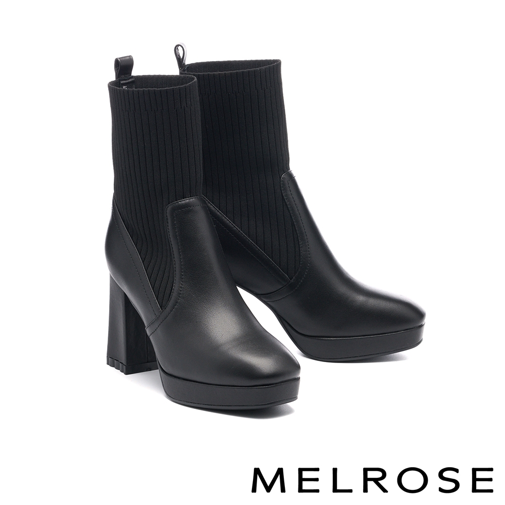 短靴 MELROSE 美樂斯 率性牛皮拼接彈力飛織布方頭美型高跟短靴－黑
