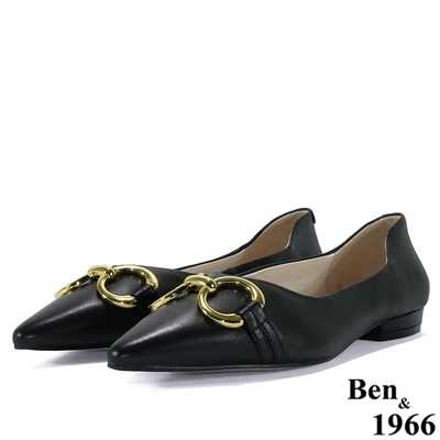 Ben&1966高級頭層羊皮舒適尖頭包鞋-黑(218031)